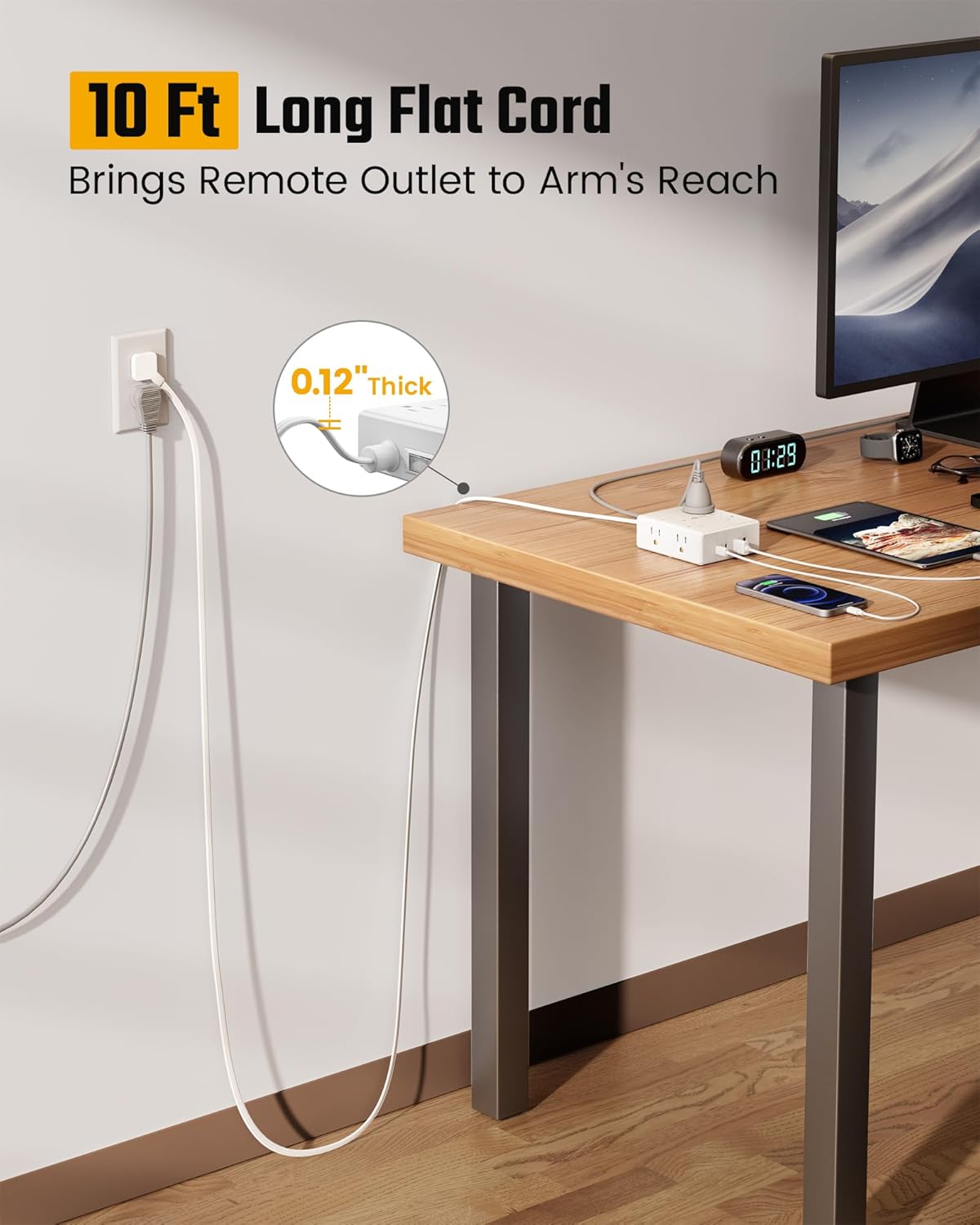 10Ft Extension Cord with Multiple Outlets, Flat Plug Surge Protector P