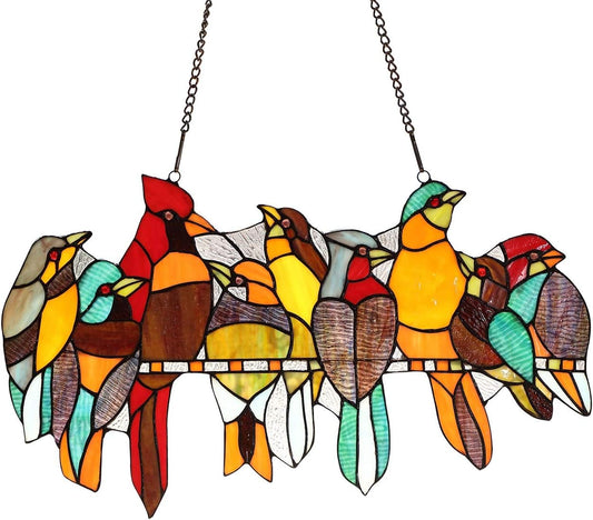 Bieye W10055 Tropical Birds on The Wire Tiffany Style Stained Glass Window Panel Hangings with Chain, 22" W x 13" H
