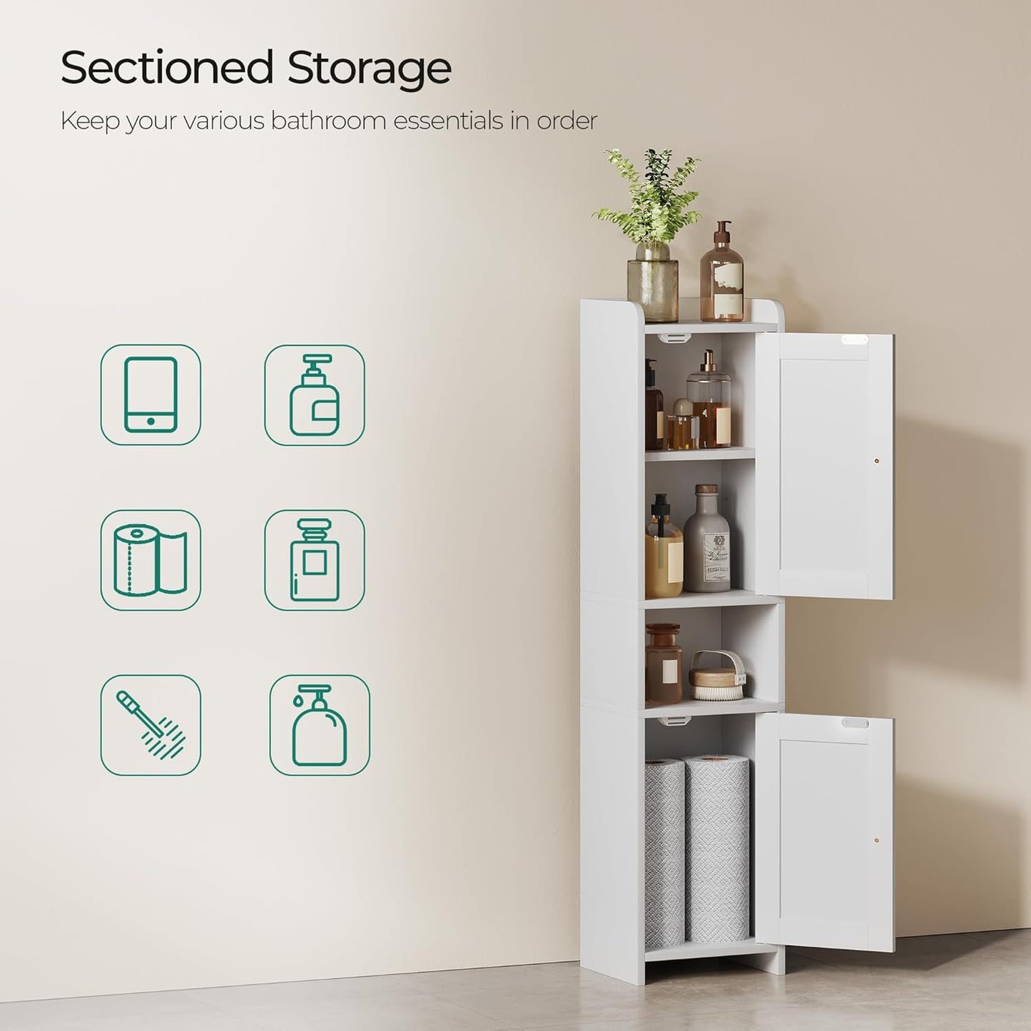 Bathroom Cabinet with 2 Doors, 7.3 x 9.8 x 40.4 Inches, Small Freestan