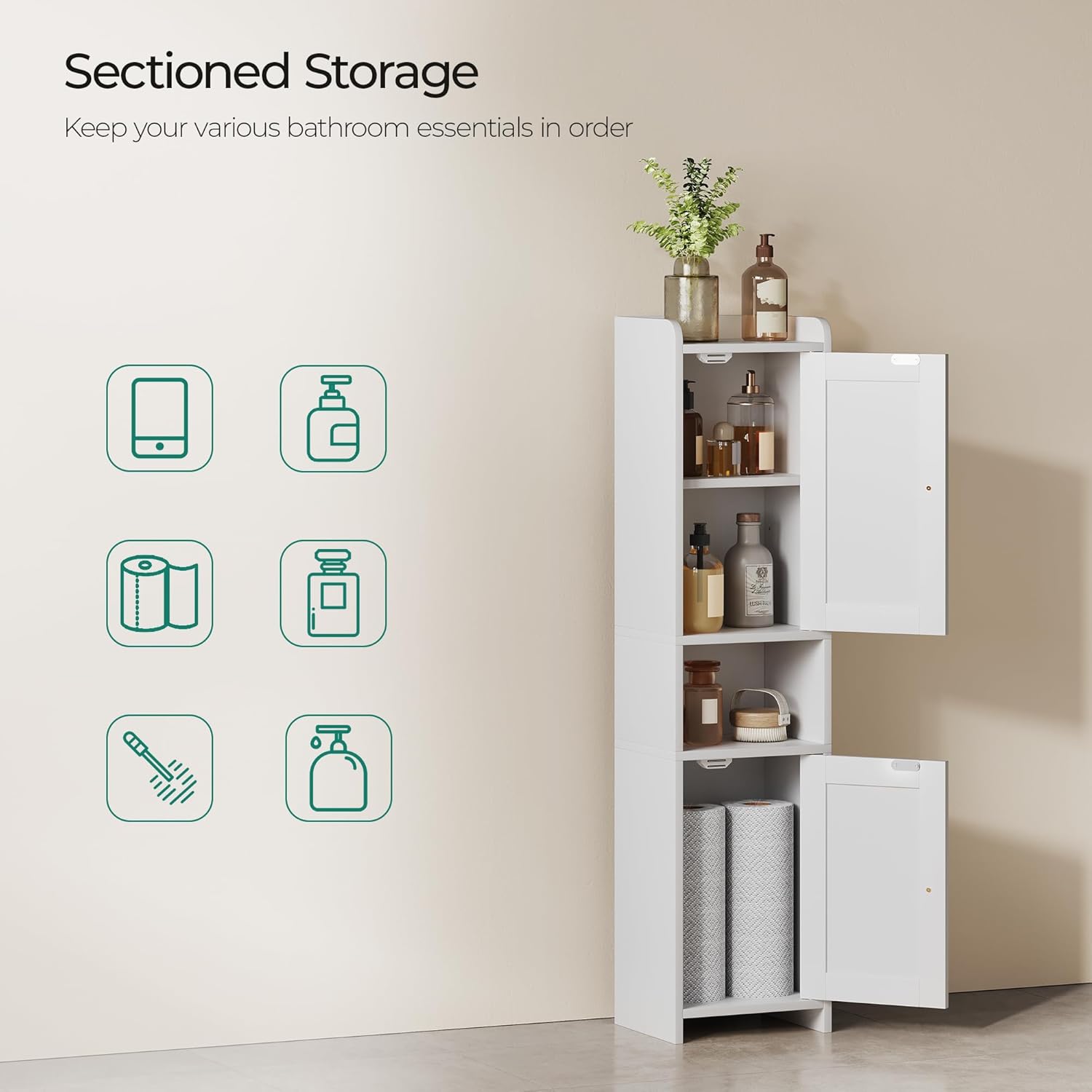 Bathroom Cabinet with 2 Doors, 7.3 x 9.8 x 40.4 Inches, Small Freestan