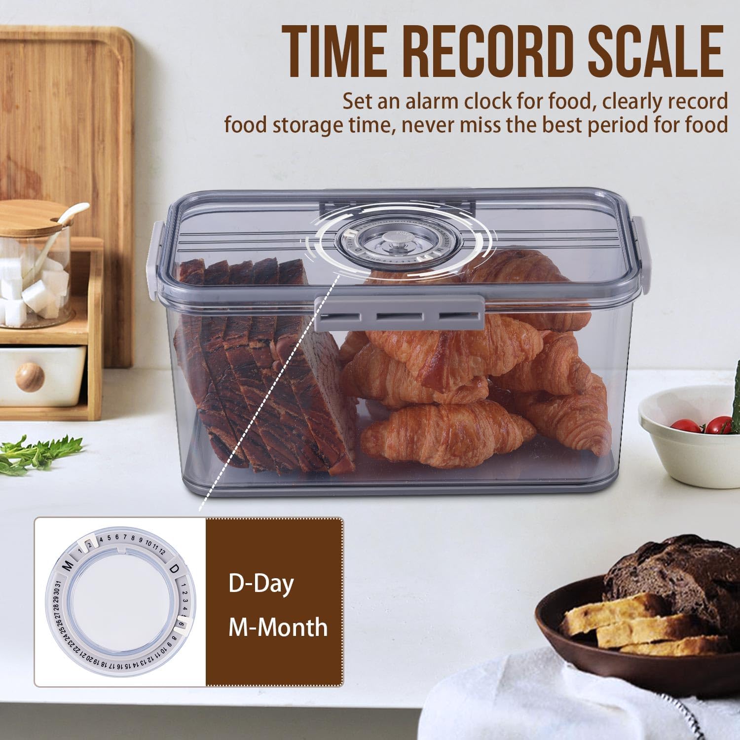 Bread Box Bread Boxes for Kitchen Counter Airtight, Time Recording Bre