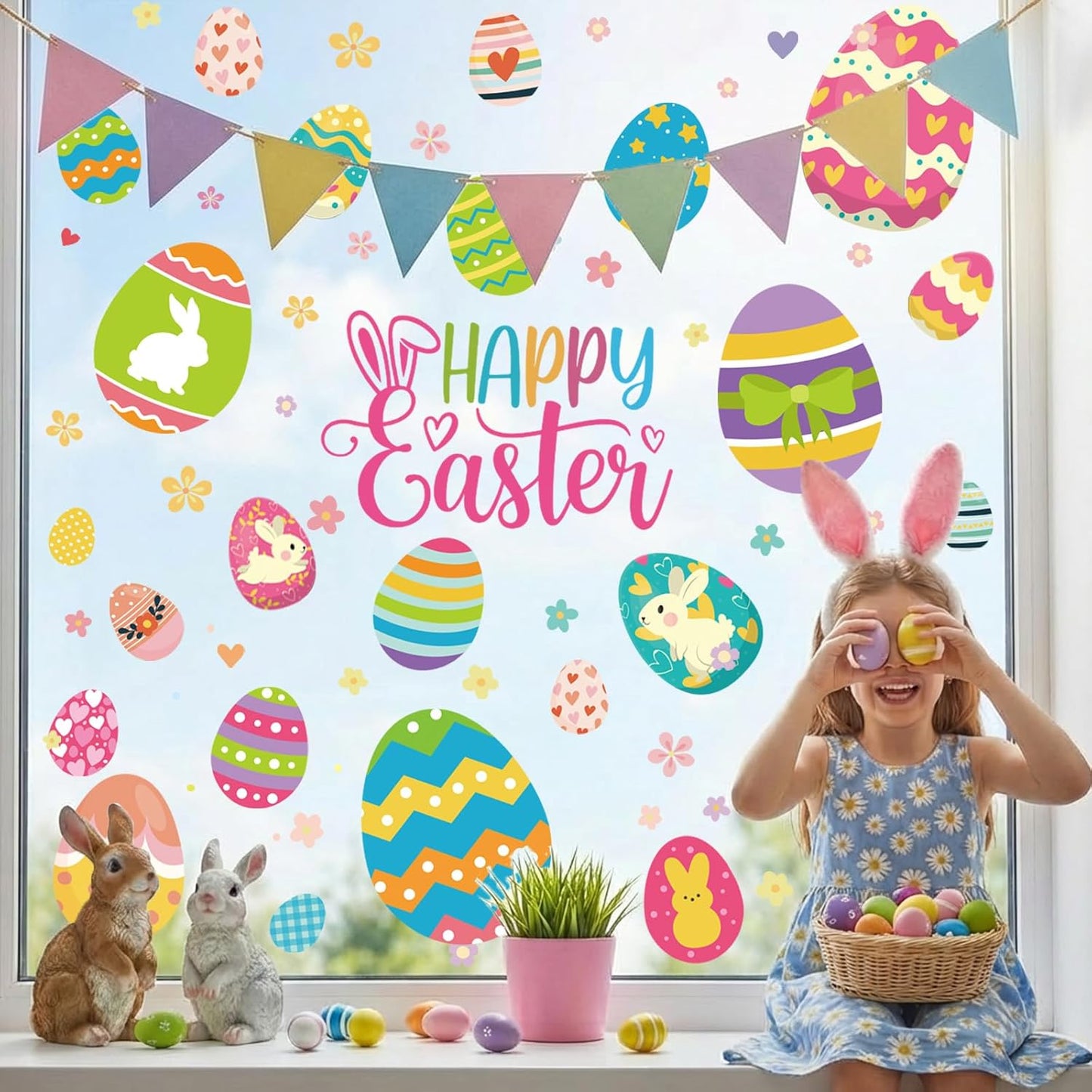 9 Sheets Easter Window Clings Decorations, Happy Easter Eggs Window Stickers for Home, Office, School, Bunny Rabbit Spring Decals Decor for Glass Doors