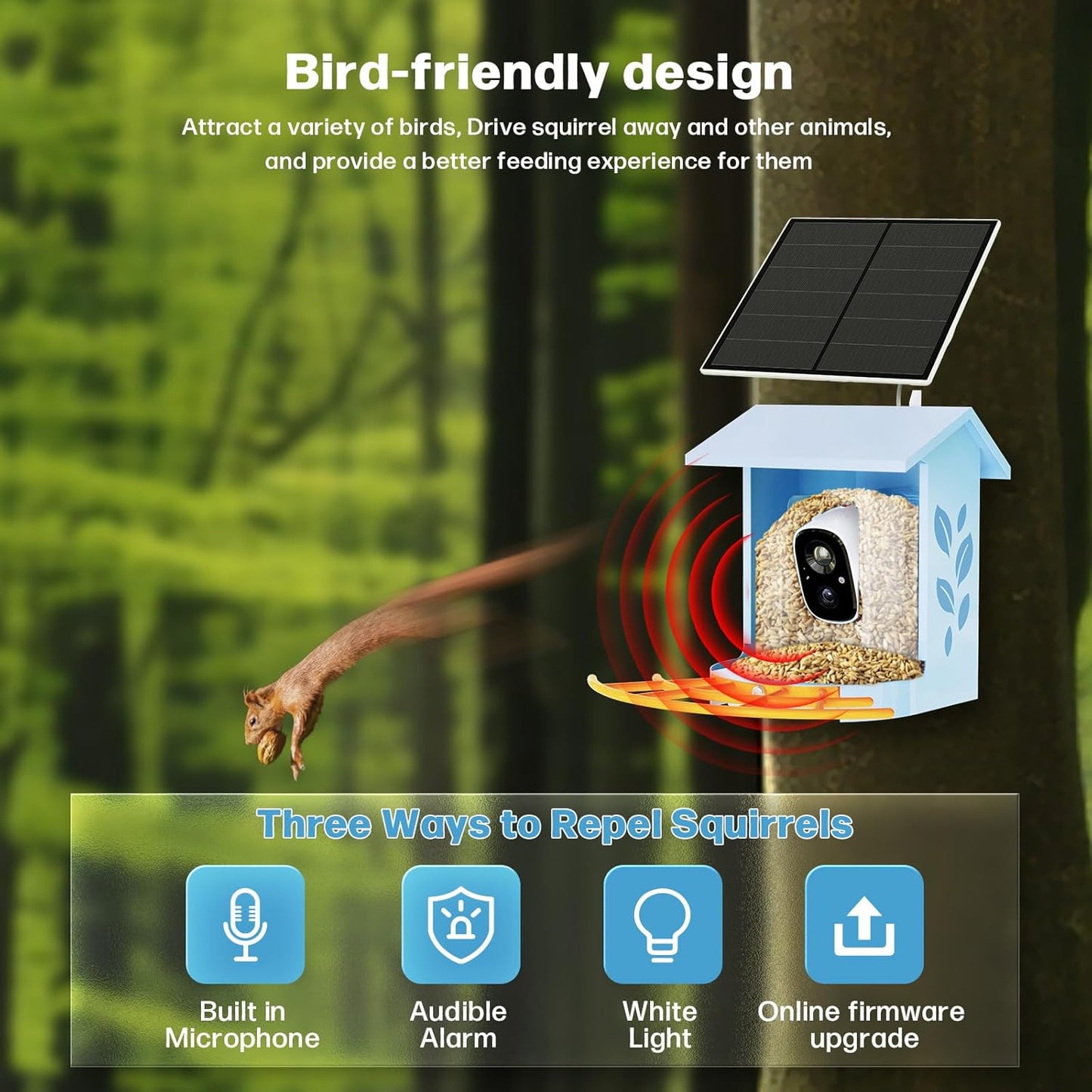 Bird Feeder with Camera Smart Solar Powered Birds Feeder with 1080P FHD, Auto Motion Detect & Notify, AI Identify 11000+ Bird Species Identification & 3W Solar Panel, (with Solar Panel)