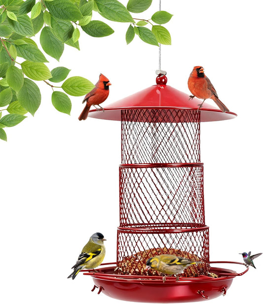 Three-Tier Metal Hanging Bird Feeder Durable and Sturdy, red Finish Large Capacity with Perch Mesh Design Features Drainage Holes (Red)