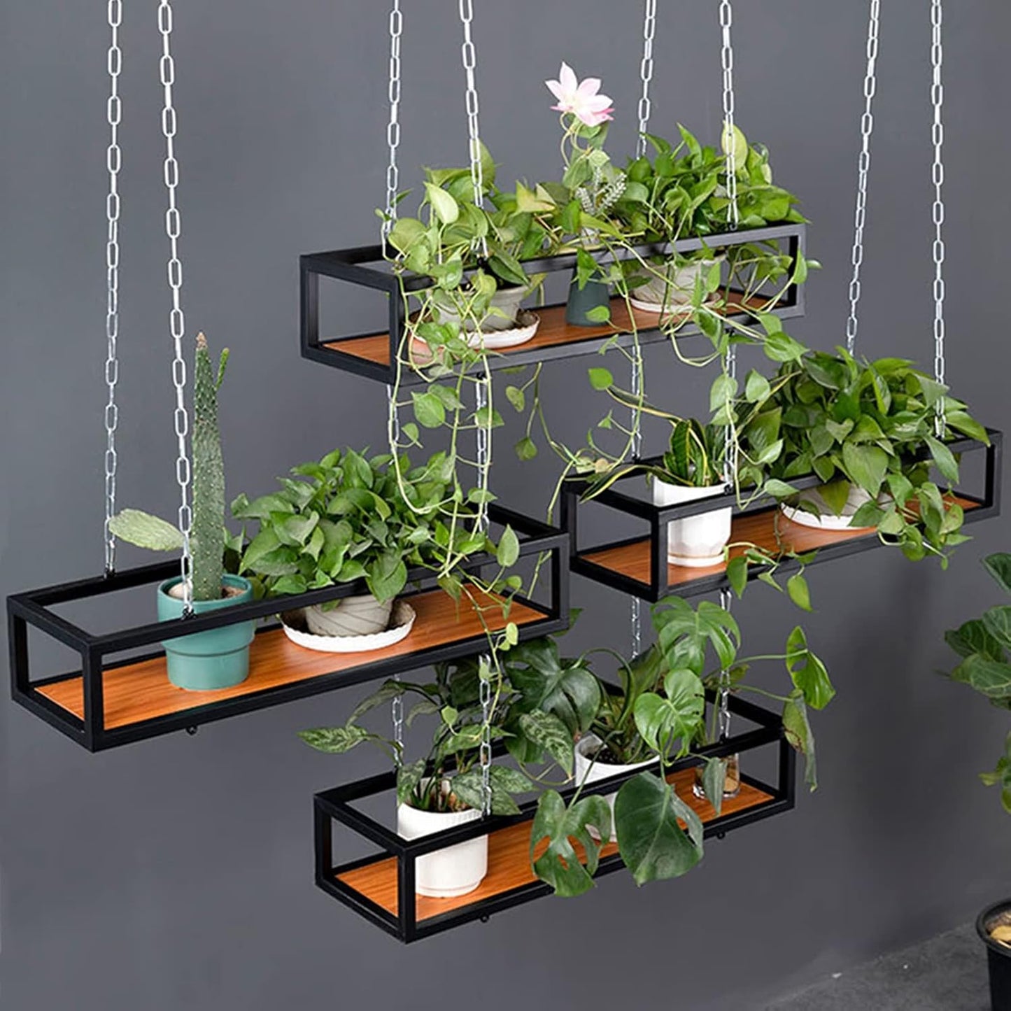 Creative Ceiling Hanging Flower Pot Rack, Solid Wood & Iron Plant Shelf, Stylish Storage for Indoor/Outdoor Decor, 60x25x15cm Flower Stand & Railing Display