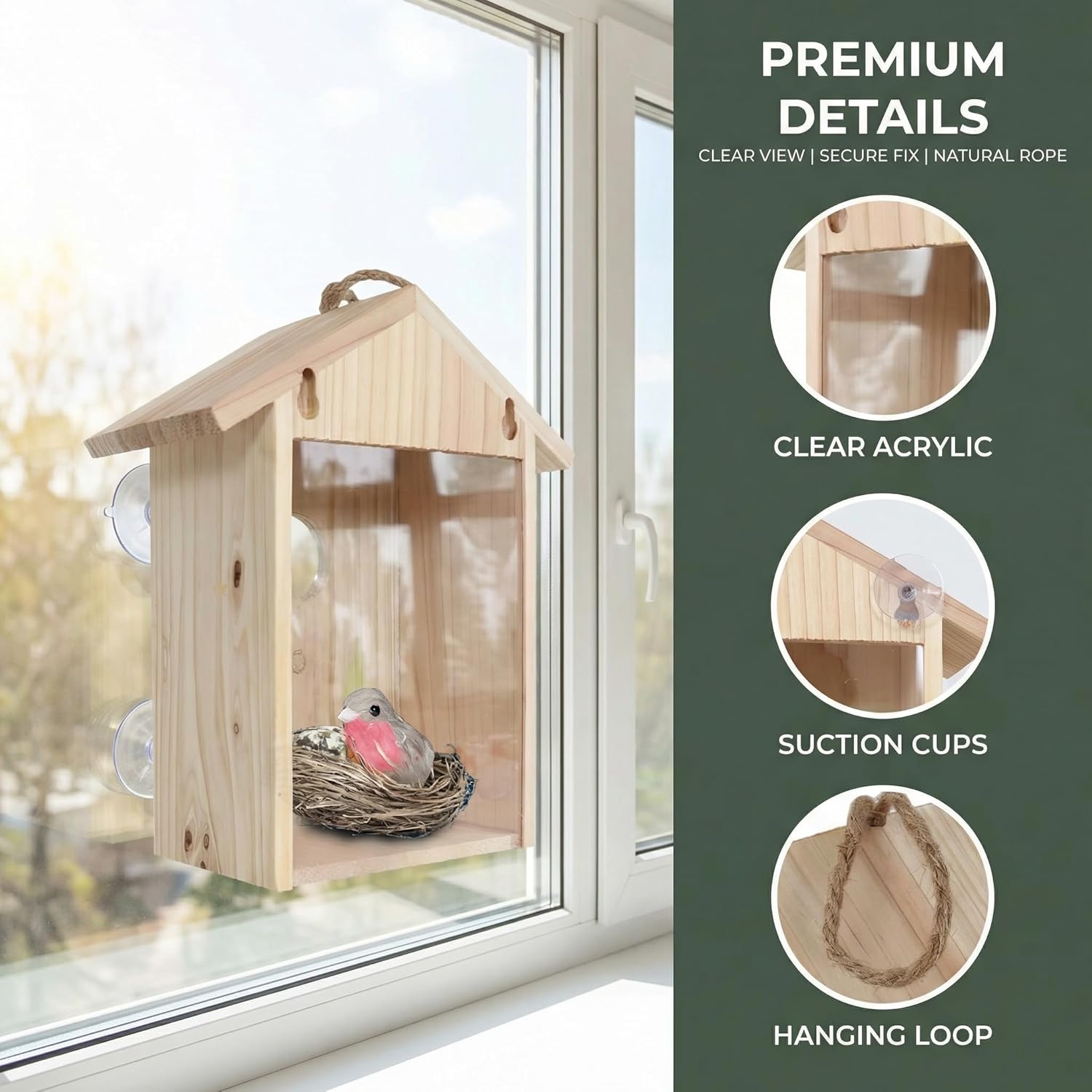 Clear View Window Bird House with Strong Suction Cups - Transparent Ac