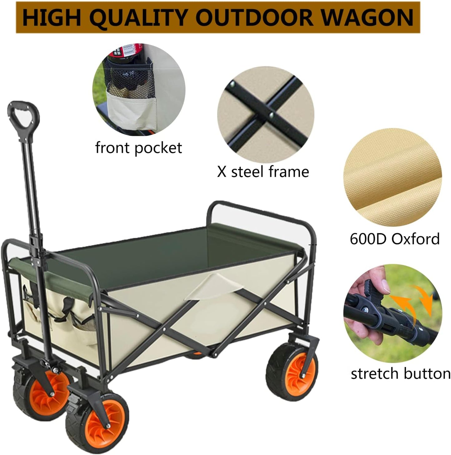 Heavy Duty Collapsible Folding Wagon - Outdoor Utility Cart for Camping, Beach & Gardening - Portable Hand Truck with Adjustable Handle - Large Capacity Grocery & Sports Wagon, Black
