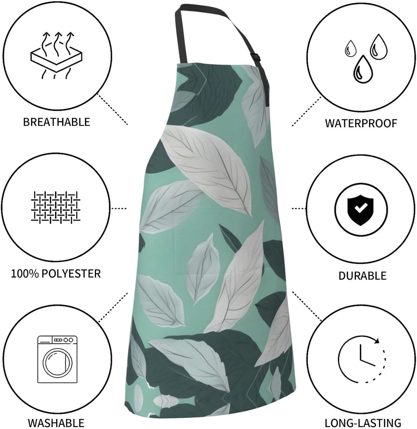 Mint Gray Leaves Print Laundry apron 28x33 In Waterproof Kitchen Apron with Pockets for Cooking Baking