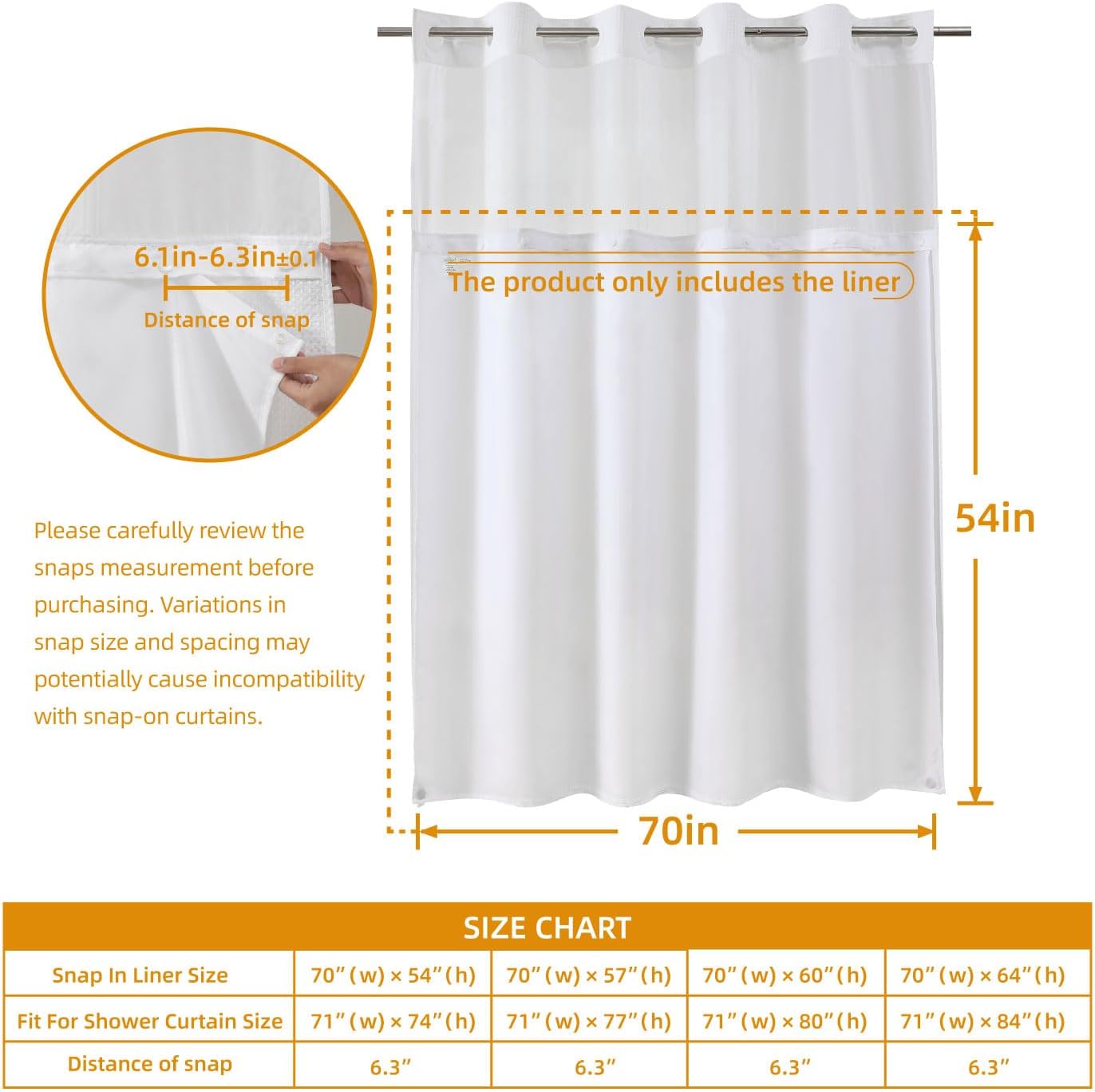 1 Pack Fabric Snap-in Shower Curtain Liner Replacement,Compatible with No Hook Shower Curtain with Snap in Liner, Removable & Water-Repellent,Machine Washable,70x54,White