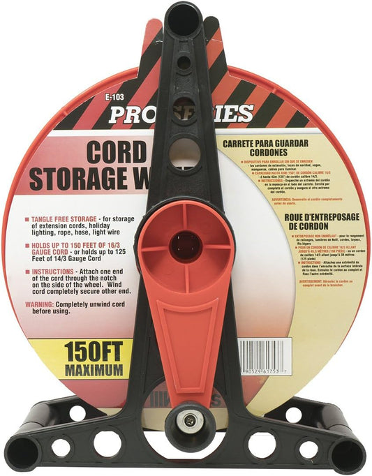 Woods Extension Cord Storage Reel - Holds Up to 150 Feet of 16/3 or 125 Feet of 14/3 Gauge Cord - Tangle-Free Design for Indoor or Outdoor Use - Side-Mounted Crank - Red & Black