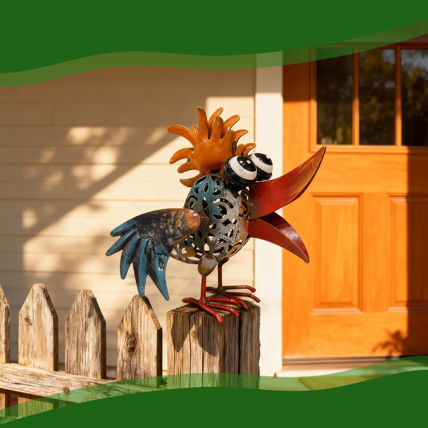 Art Deco Metal Rooster Garden Statue, Weatherproof Outdoor Indoor Deco