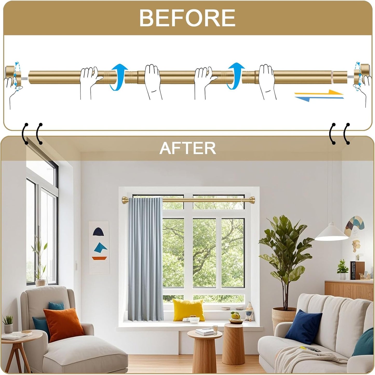 YNL Shower Curtain Rod 34-82 Inches (2.8-6.8ft) Adjustable Spring Shower Rod No Drilling, Non-Slip, Never Rust, Stainless Steel, Suitable for Bathroom Window Living room, Gold