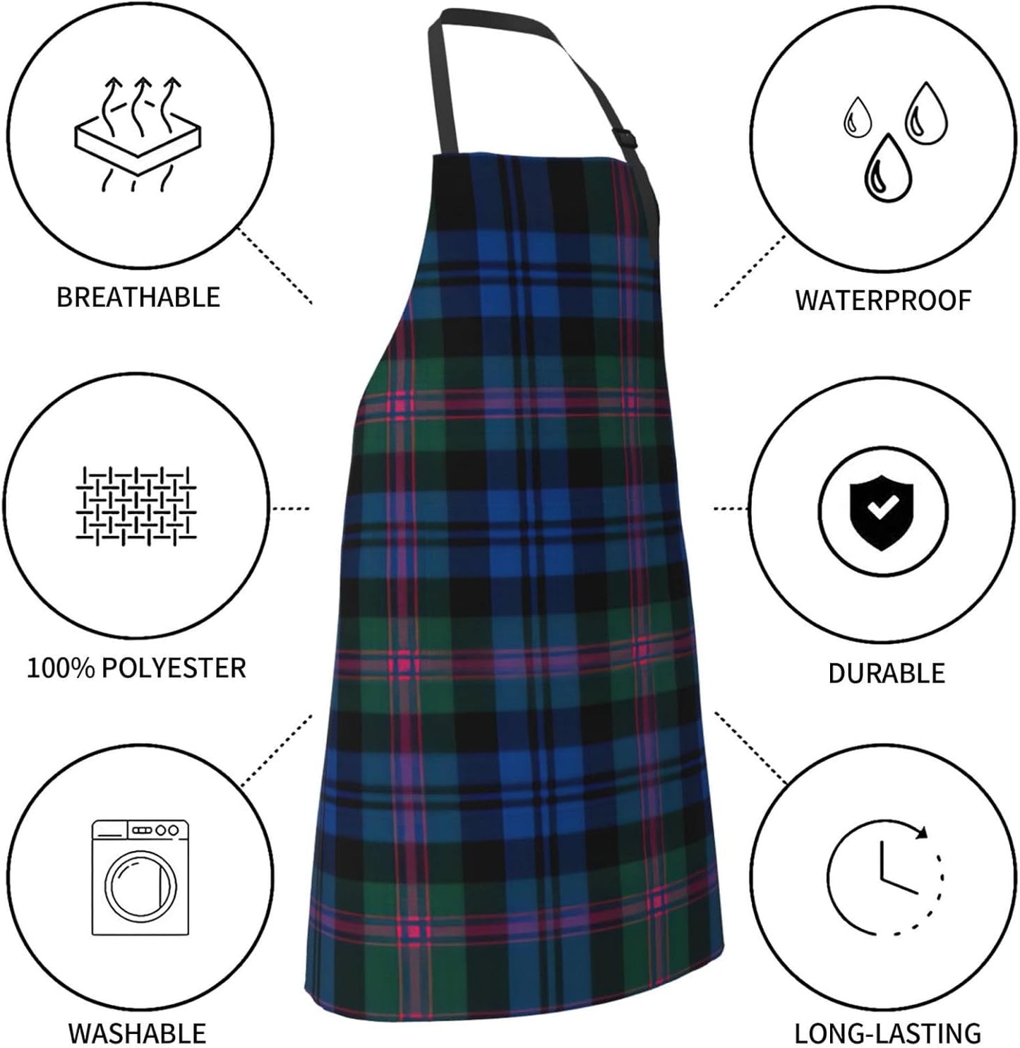 Blue and Green Scottish Tartan print Waterproof apron with pocket adju
