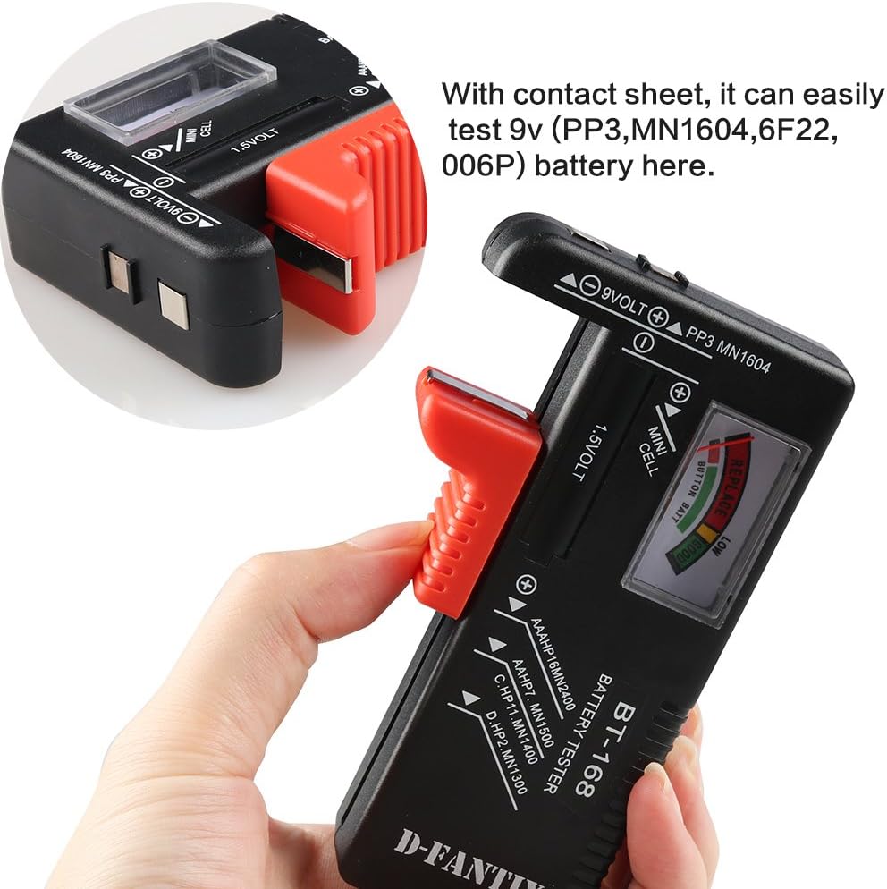 D-FantiX Battery Tester, Universal Battery Checker Small Battery Testers for AAA AA C D 9V 1.5V Button Cell Household Batteries Model BT-168