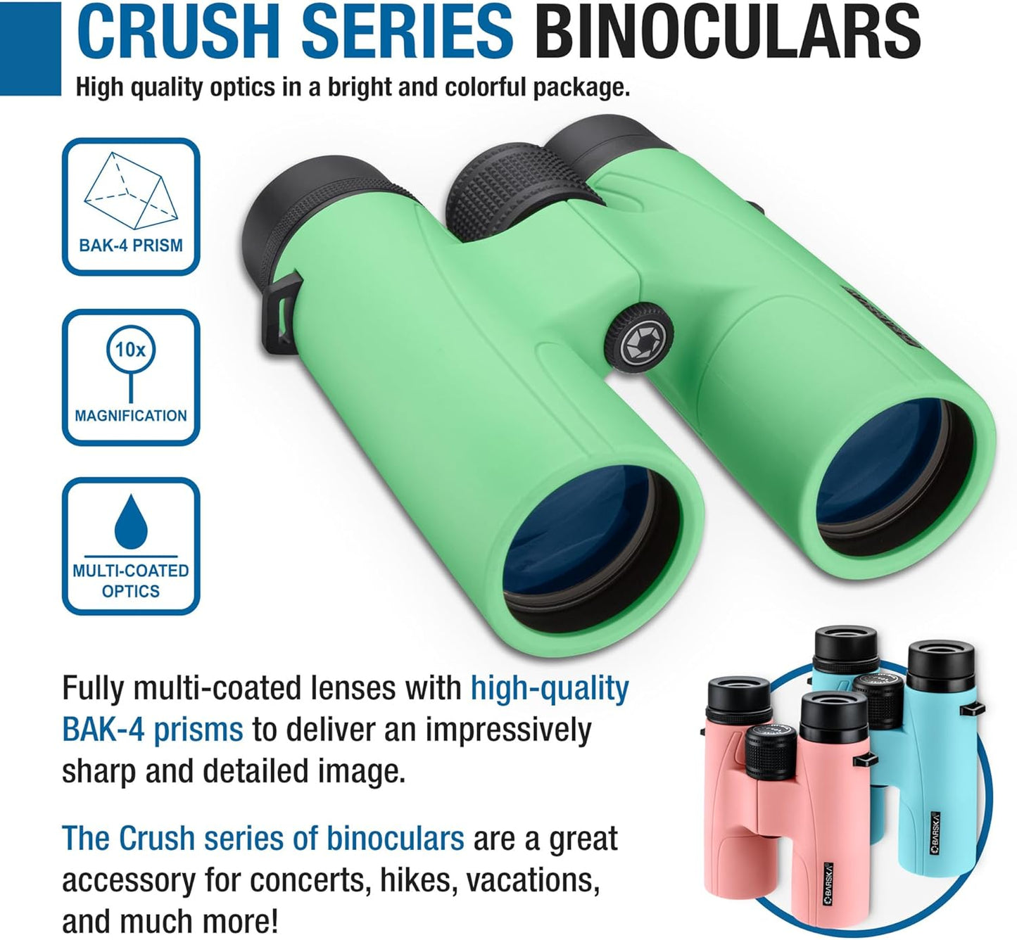 Barska Crush 10x42 Binoculars – Lightweight, Compact & Shockproof Design in Bright Colors for Hiking, Travel, Concerts, Sports, Great Gift Idea – Case & Strap Included