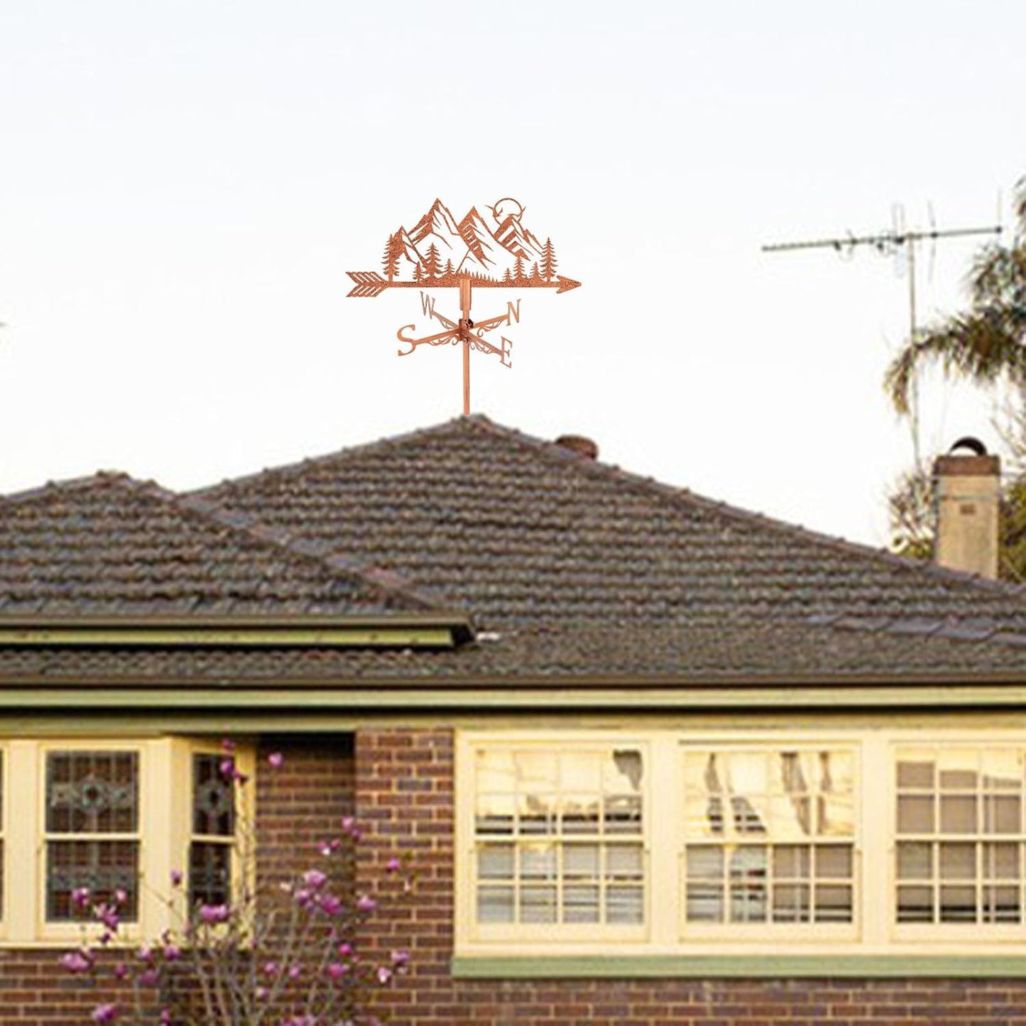 SUPERDANT Mountain Weathervane Forest Tree Sun Weather Vane for Yard Metal Wind Vanes Roof Mount for Outside Garden Copper Red Weathervanes Farmhouse Farm Barn Sheds Patio Outdoor Decorations Gifts