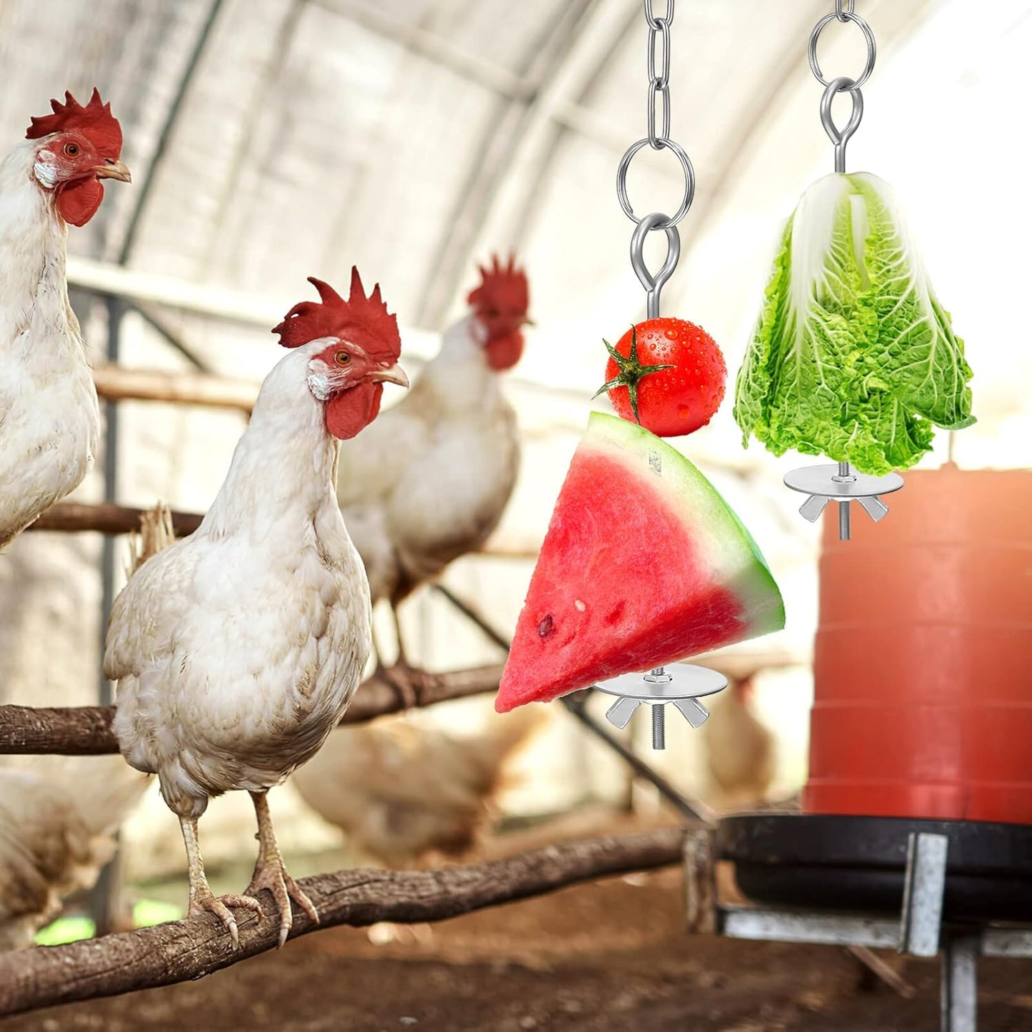 POPETPOP Chicken Hanging Feeder Chain with Adjustable Stainless Steel Skewer 21 Inch Vegetable and Fruit Holder for Hens Medium Large Birds Interactive Feeding