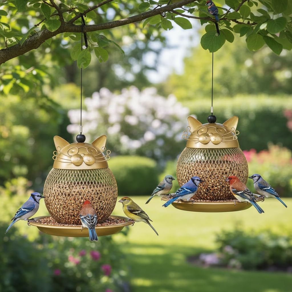 Cat Grandpa Wild Bird Feeder Squirrel Proof Hanging Bird Feeder for Outside, Peanut and All Kinds of Seeds,Yard Garden Decor,Set of 2, Color: Gold