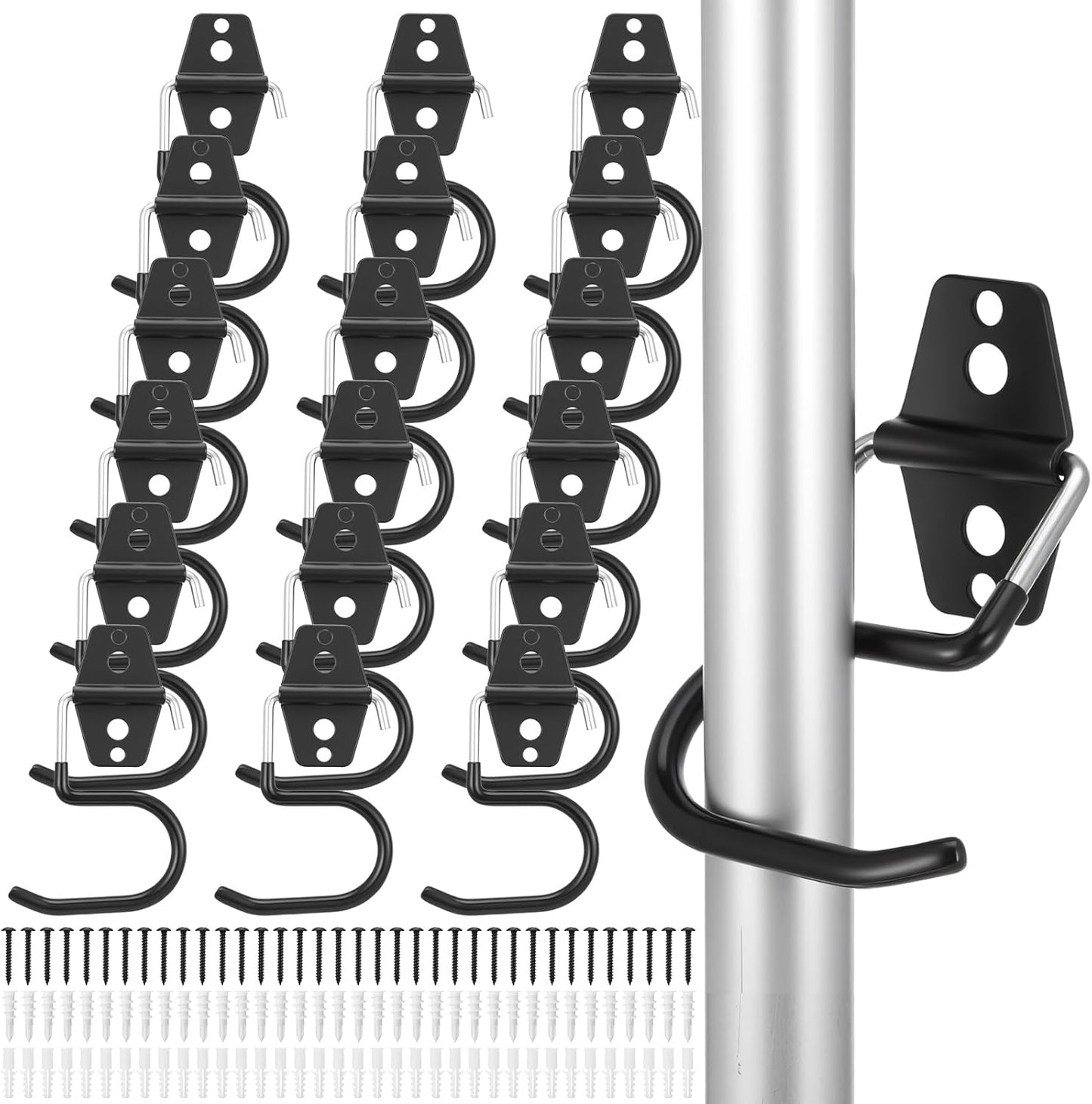 18 Pack Broom Holder Wall Mount - Tool Hangers Garage Wall Hanging Organizer - Heavy Duty Metal Large S Hooks for Mop Shovel Rake Shed Garden Lawn Yard Handle Tools Organization (Black)