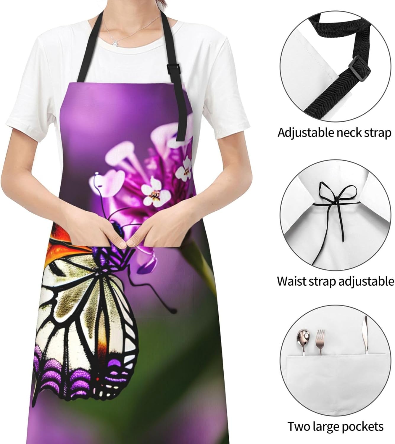 Purple plum butterfly print Waterproof chef's apron with pocket apron for kitchen cooking baking barbecue and gardening