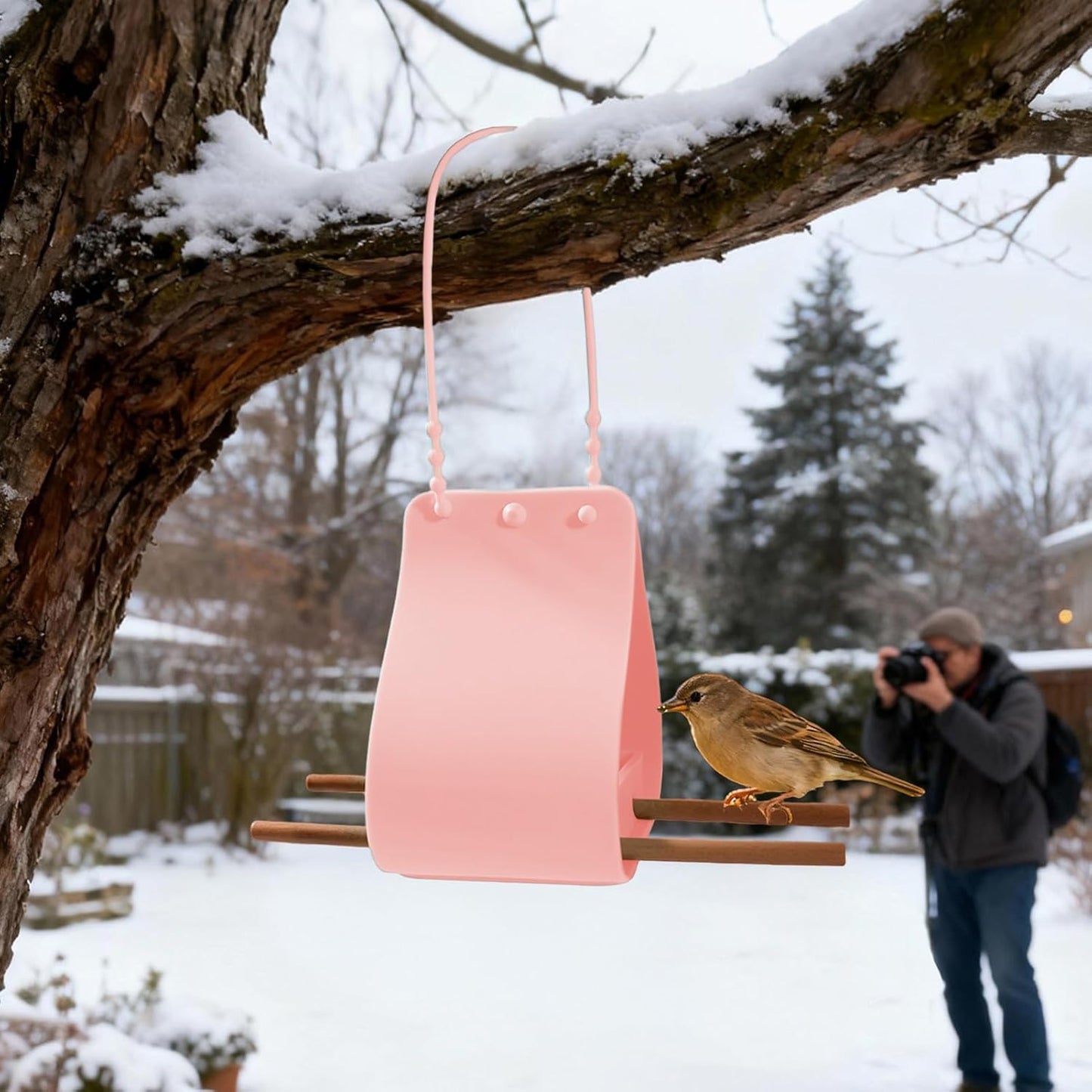 Bird Feeder Bowl, 35x8cm Silicone Small Feeder with Wooden Perches Adjustable Strap, Lightweight Portable Design, for Feeding Small Birds, Outdoor Garden Use
