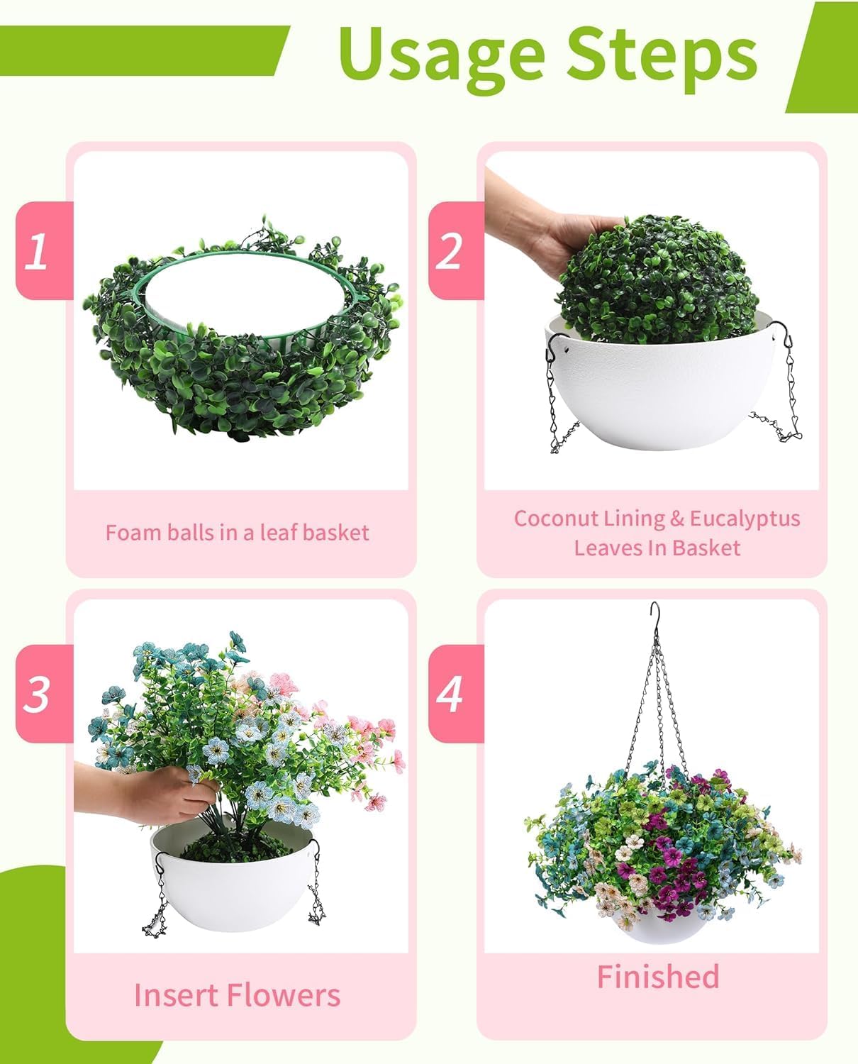 Artificial Hanging Flowers Basket for Outdoors, 30 Pack UV-Resistant Fake Colorful Silk Daisy Flowers (2 White Planters+30 Flowers(Green/Teal/Purple/Blue/Champagne))