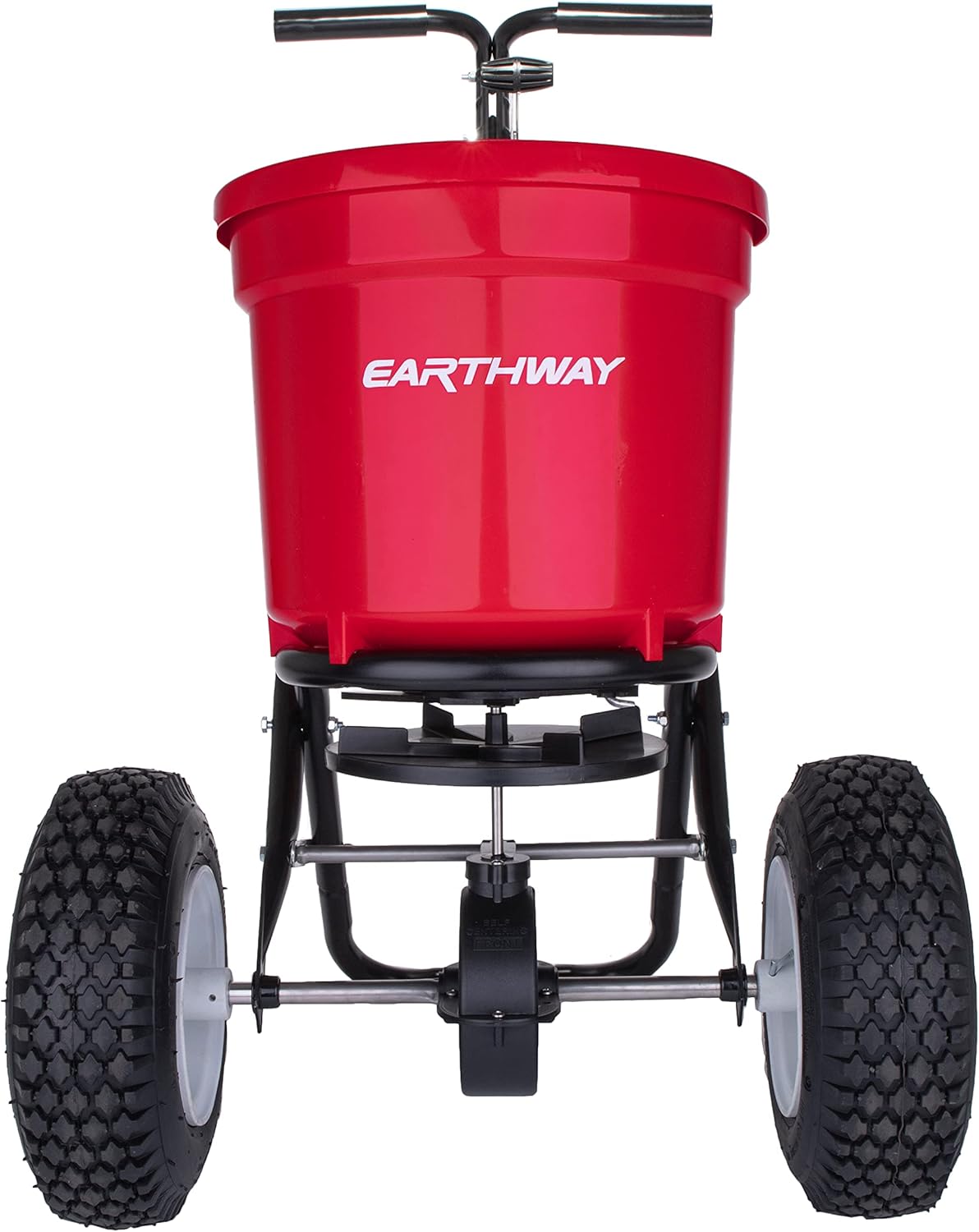EarthWay 2150 Commercial 50 LB Broadcast Fertilizer Spreader. Heavy-Duty Walk-Behind Push Garden Seeder with Adjustable Drop Rate and Driving Handle. Large 13 inch Pneumatic Stud Tires