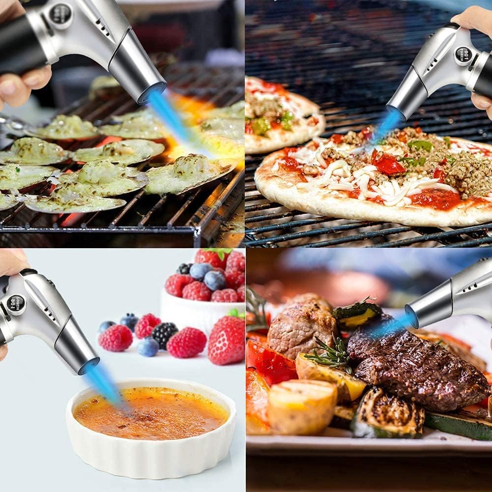 Blow Torch, Home-Grade Kitchen Cooking Torch with Lock Adjustable Flame Refillable Mini Blow Torch Lighter for BBQ, Baking, Brulee Creme,Light Cooking Tasks,DIY Soldering (Butane Gas Excluded)