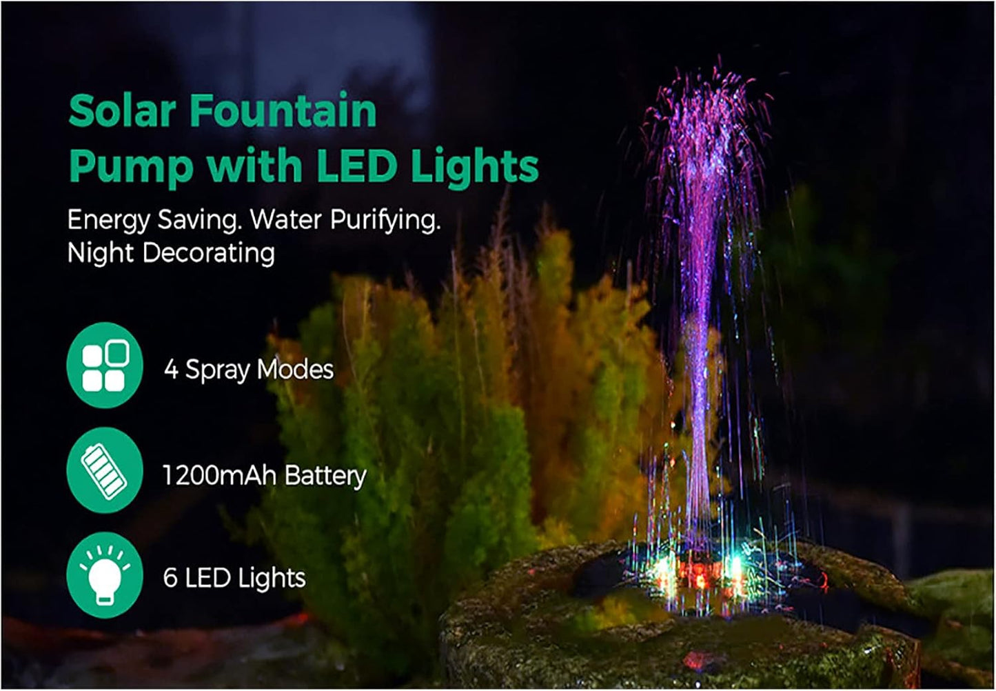 Garden Solar Fountain Pump 2.4W Bird Bath Floating Fountain Free Standing Solar Pond Pump with LED Lights and 4 Nozzles Solar Water Fountain Kit for Pond Pool Outdoor Garden-2.4w 18cm(7inch)