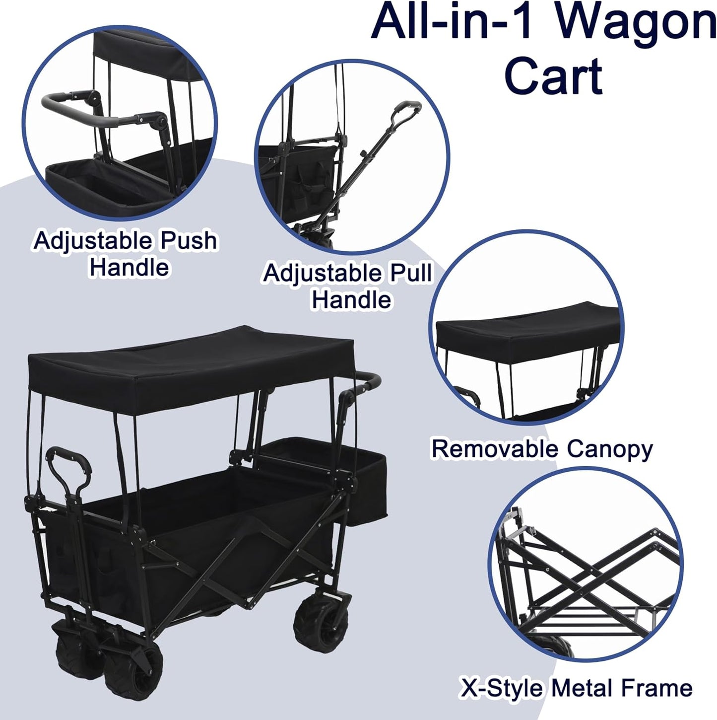 Collapsible Wagon Cart with Canopy, Heavy Duty Folding Tools Utility Cart with Wheels for Outdoor Camping, Black