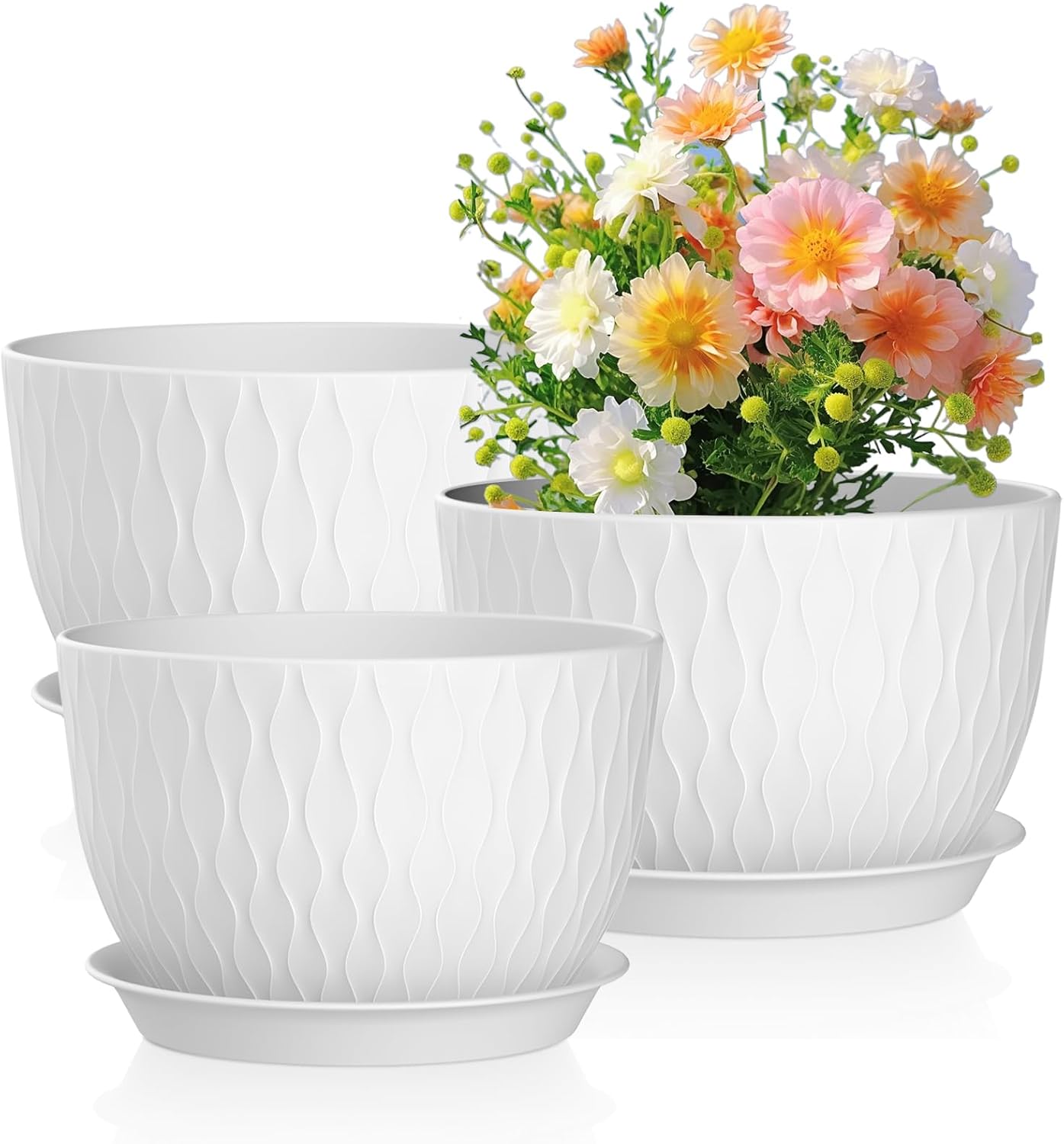 12/10/9 inch Large Plant Pots, 3 Pack Wide Flower Pots for Outdoor Ind