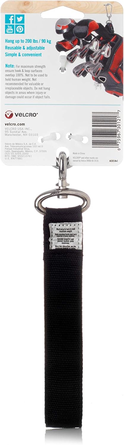 VELCRO Brand Easy Hang Strap | Heavy Duty Outdoor Storage Extension Cords, Cables, Tools, Bikes | Organization for Garden, Shed, RV |, Medium - up to 200 lbs, Black, 1 Count (Pack of 1)