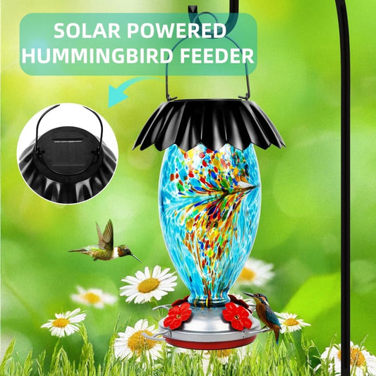 Solar Hummingbird Feeder for Outdoors Hanging Colorful Lighting 32 Oz Hand Blown Glass Hummingbird Feeder for Garden Decoration with Accessories (Blue)