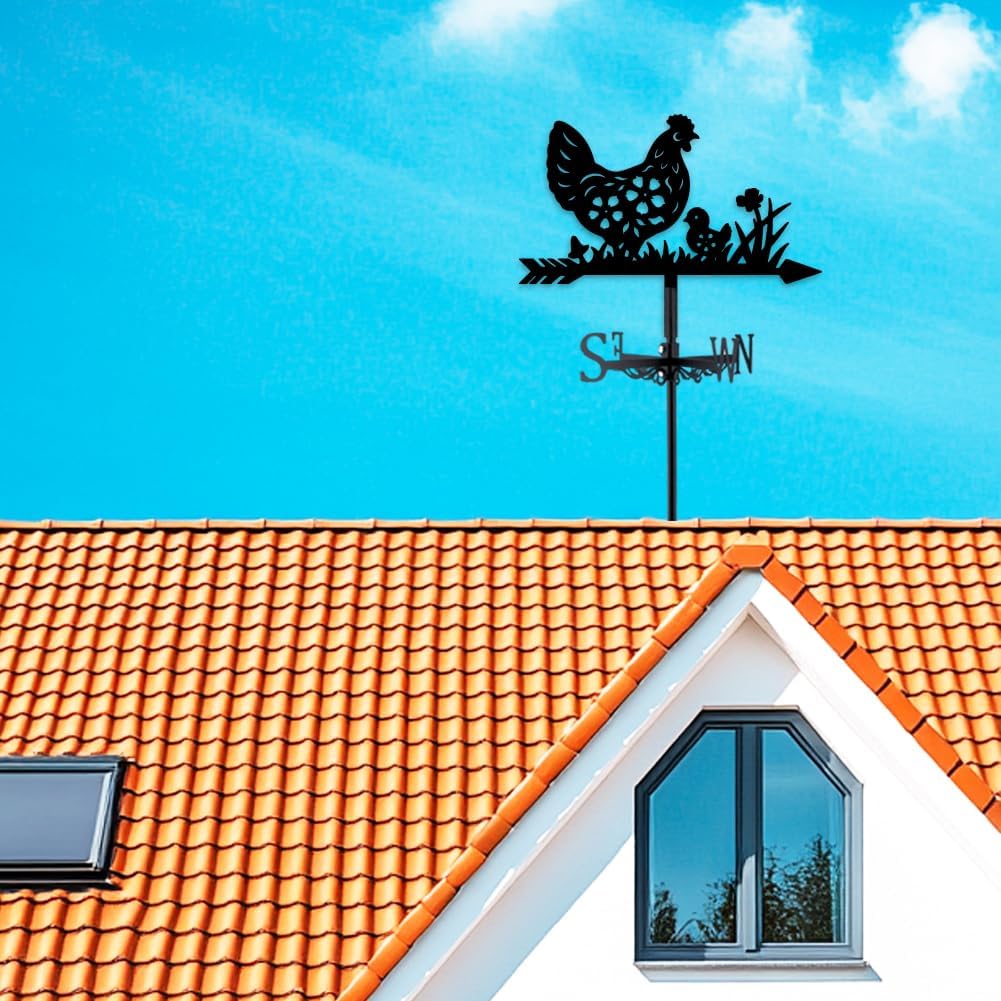 Hen Weathervane Metal Wind Vane Flower Chicks Animal Garden Decoration Direction Indicator Stake Mount Ornament for Farmhouse Yard Roof Outdoor