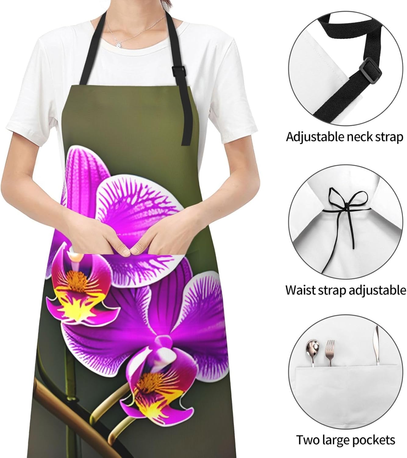 Orchid Flower print Waterproof apron with pocket adjustable cooking apron for adult kitchen bibs to bake