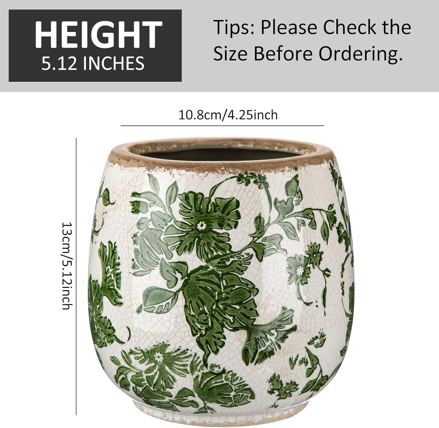 Vintage Ceramic Flower Pot with Ice Crackle Rustic Planter with Drainage Holes for Indoor and Outdoor Decor Home Living Room Garden Decor Gardening Gift(Vintage Green Style)