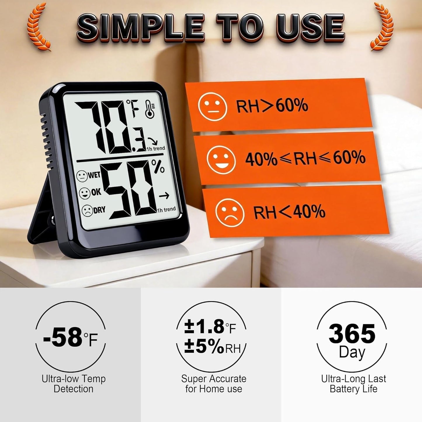 Room Thermometer Indoor Hygrometer Humidity Meter Gauge Digital Temperature and Humidity Sensor Monitor for Home Office House Pets Plants - AAA Battery Included