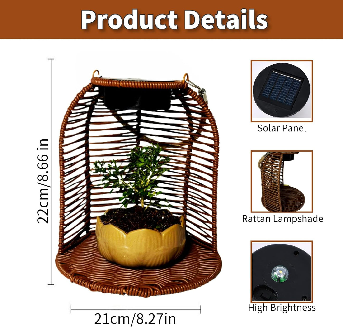Solar Wicker Lantern, Hanging Planter for Indoor Plants Waterproof Rattan Plant Pots with Solar Lights for Outdoor Hanging Basket for Plants Automatic Charging Lanterns (Dark Brown)