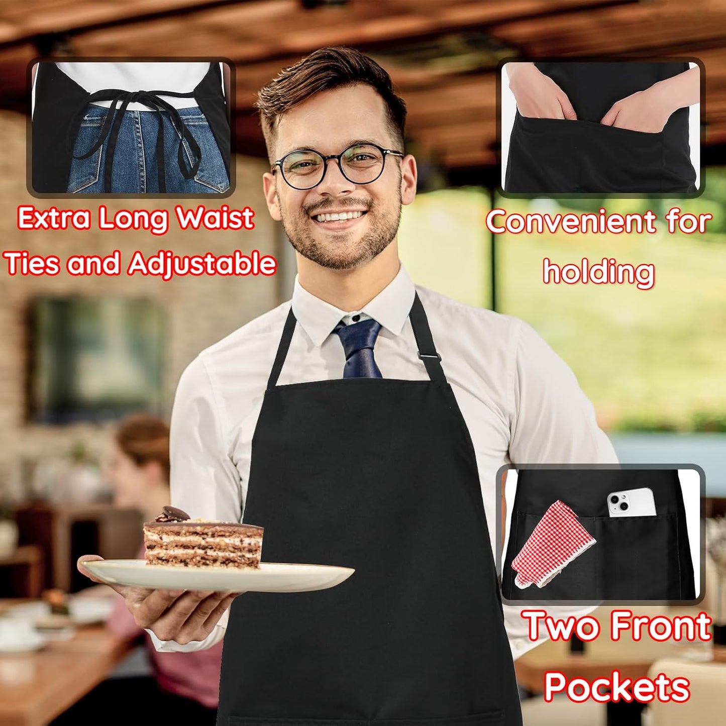 4 Packs Chef Apron, Black Waterproof Apron, Adjustable Aprons with 2 P