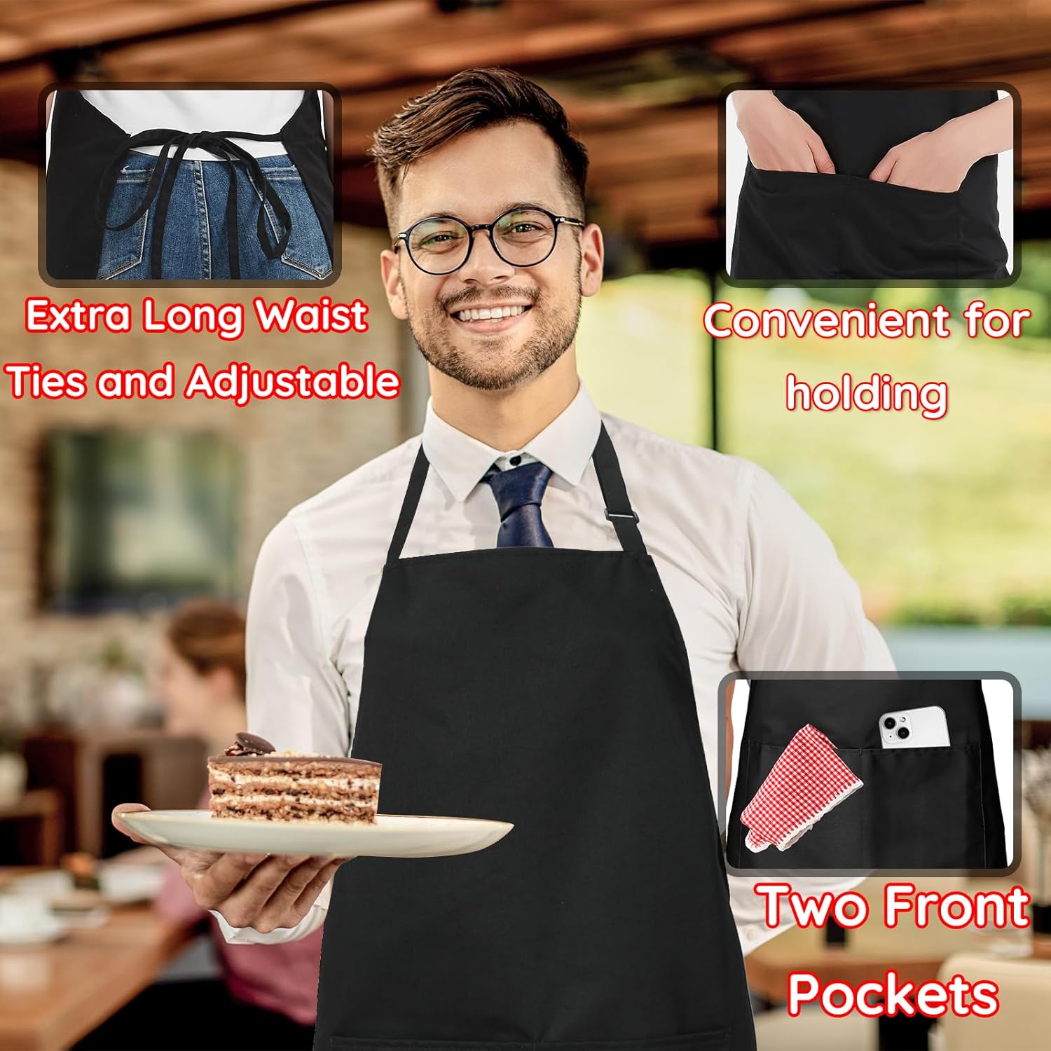 4 Packs Chef Apron, Black Waterproof Apron, Adjustable Aprons with 2 P