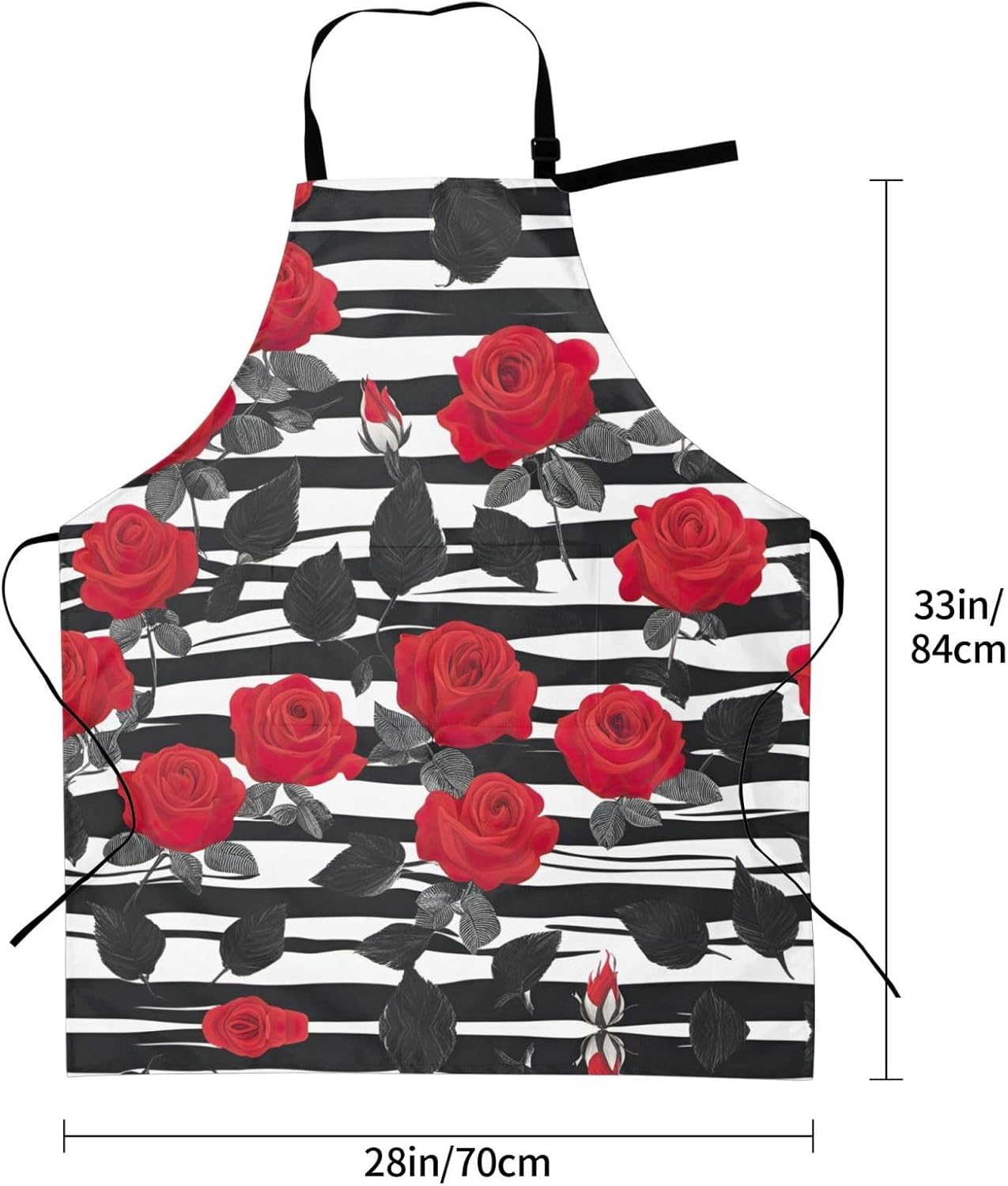 Black White Stripes Red Rose Flowers print Waterproof chef's apron wit