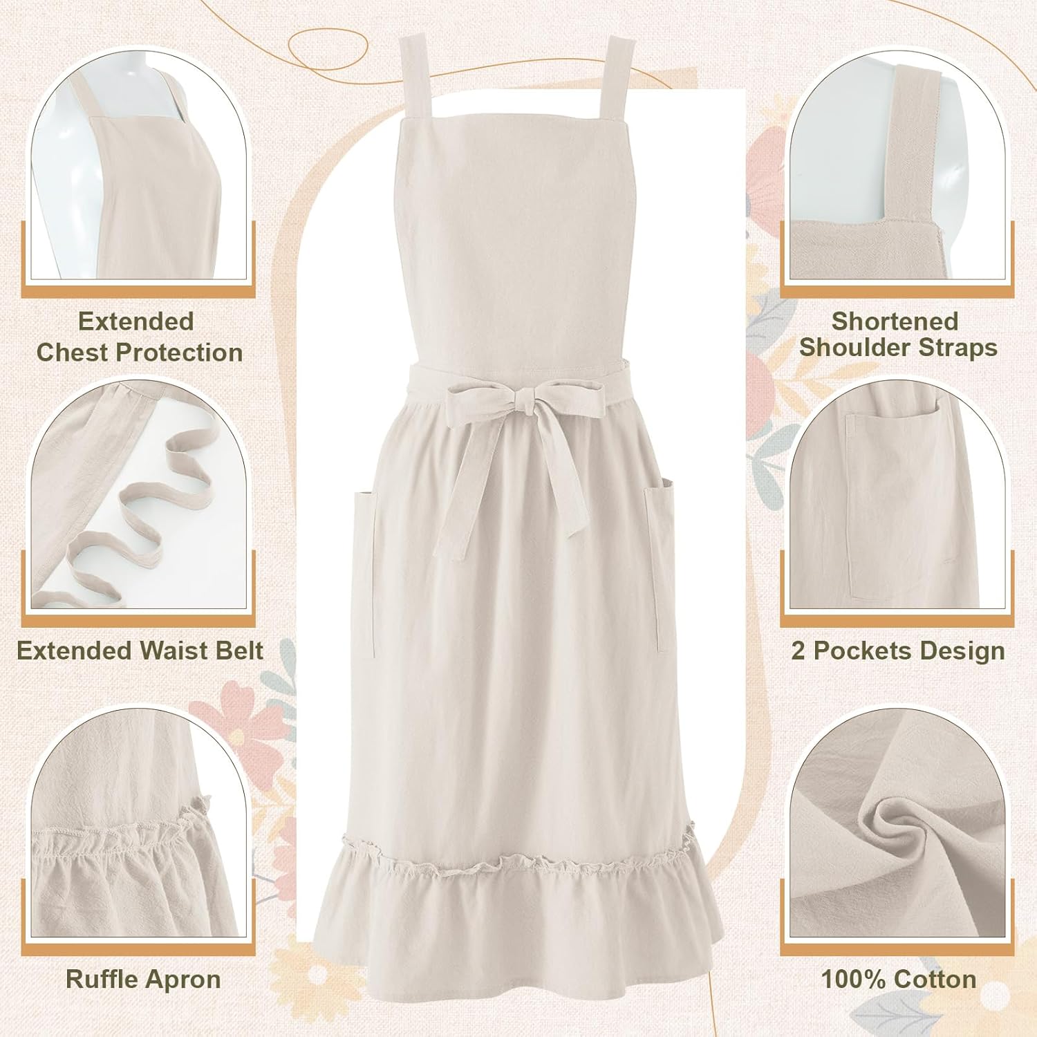 100% Cotton Aprons with Pockets Pinafore Dress for Women Vintage Cute 