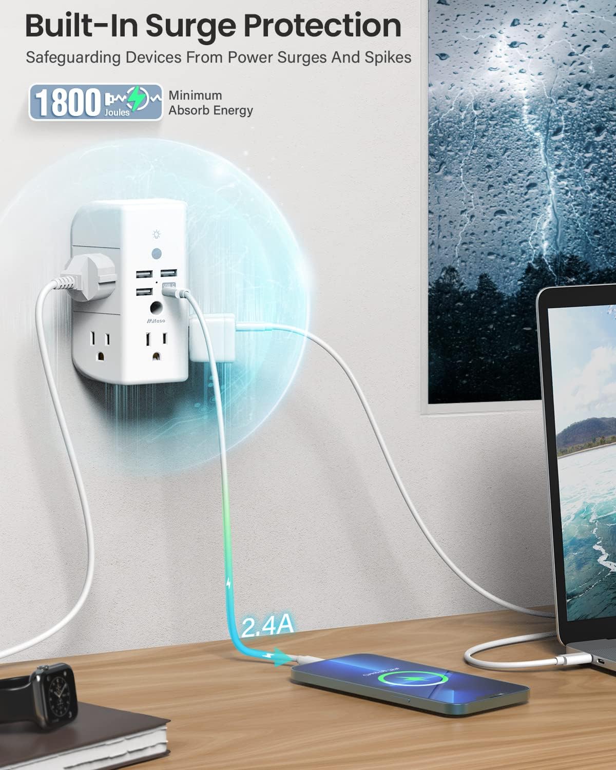 Wall Outlet Extender with Shelf and Night Light, Surge Protector, Wall