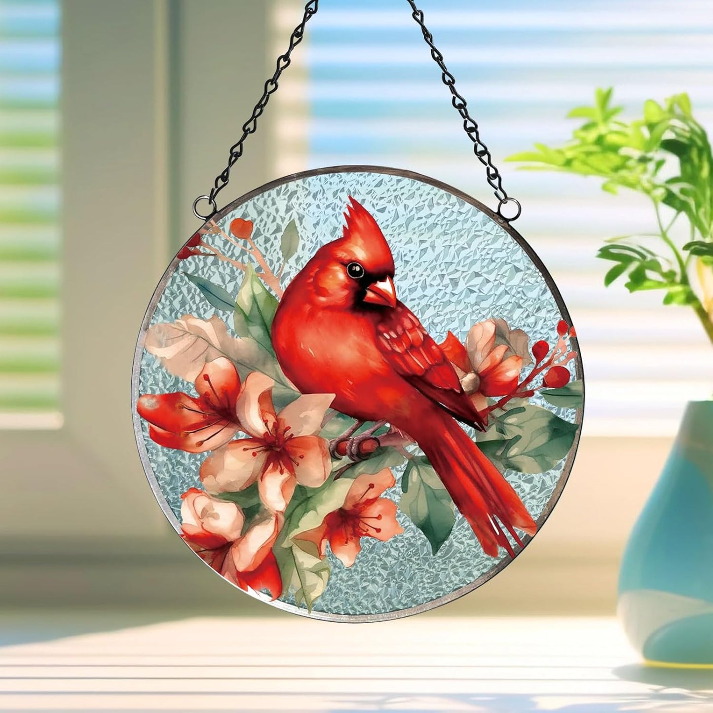 FONMY Cardinal Glass Suncatcher Window Hanging Decor., Red Cardinal Xmas Gifts for Women, Mom, Bird Lover,Red Bird Suncatchers for Windows,Home & Garden, Hand Painted Glass Christmas Ornament,(6inch)