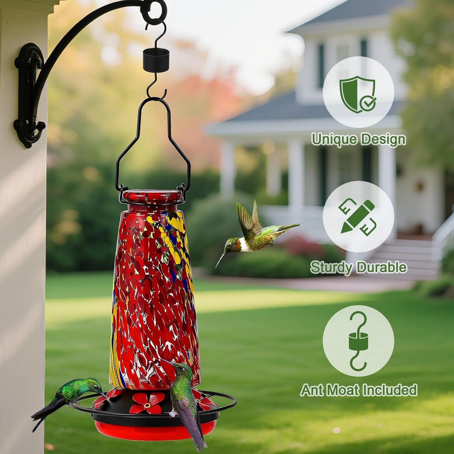 Hummingbird Feeders for Outdoors Hanging, 21 Ounces Glass Nectar Feeder with Ant Moat and 5 Bee Guard Feeding Ports, Leak Proof
