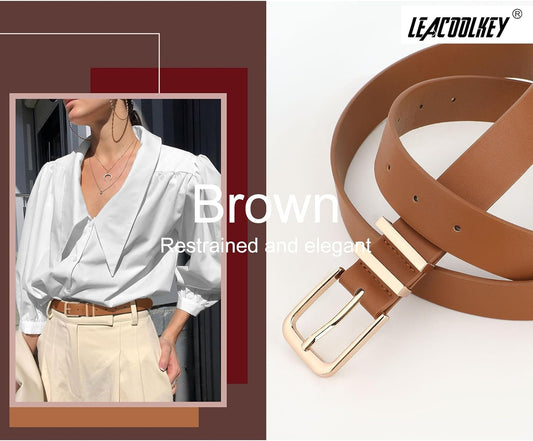 LEACOOLKEY 3 Pack Women's Leather Belts for Jeans Dress Pants Fashion 