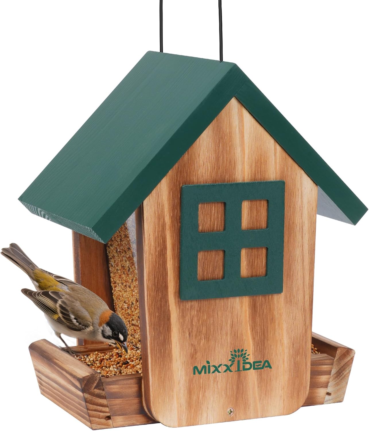 MIXXIDEA Bird Feeder for Outdoors Hanging, Wooden Bird Feeder House with Weatherproof Roof & Metal Tray, Attracting Wild Birds for Outside, Yard, Garden Decoration, Green