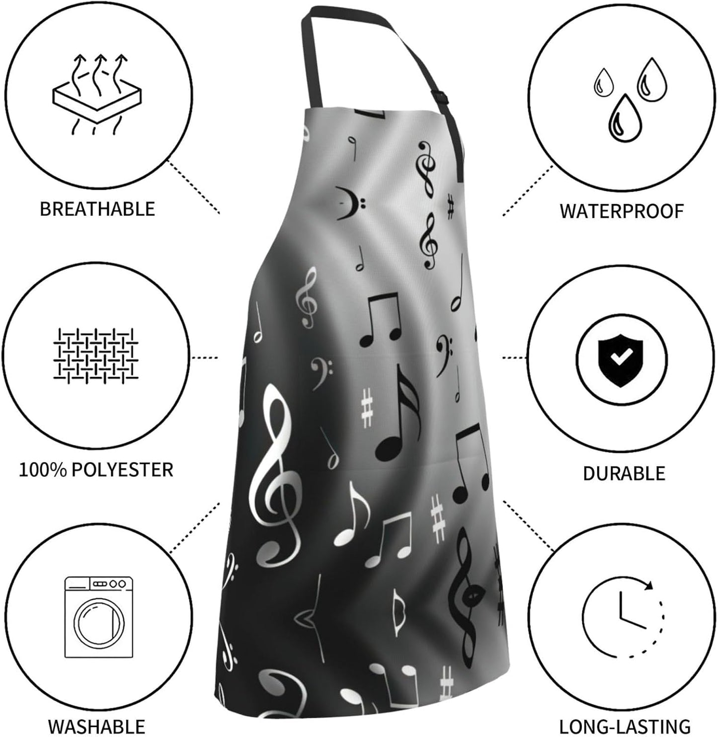 Music Notes Print Print Laundry apron 28x33 In Waterproof Kitchen Apron with Pockets for Cooking Baking