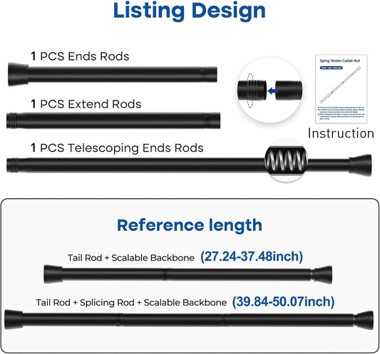 Black Tension Curtain Rod 28 to 48 Inch Spring Rod No Drilling Adjustable Shower Curtain Rod for Windows, Bathrooms, Closet, Kitchen