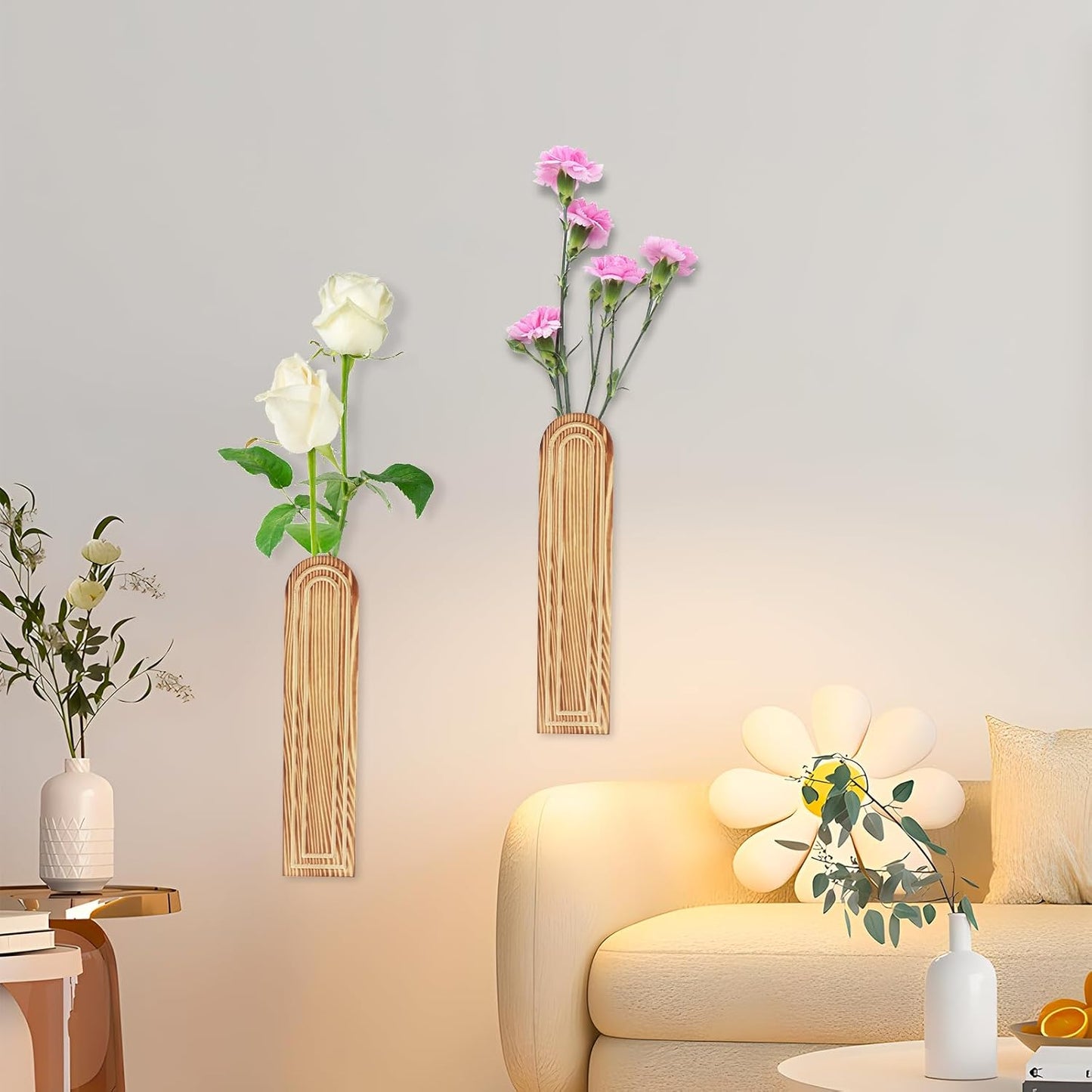 2Pcs Wood Wall Planter Modern Wood Wall Vase Geometric Hanging Planter Farmhouse Pocket Vase Rustic Decor for Indoor Vegetation Living Room Bedroom Decor Artificial Flowers